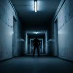 Persona en un pasillo estrecho y oscuro de un edificio, representando la vulnerabilidad y la gestion del espacio confinado.