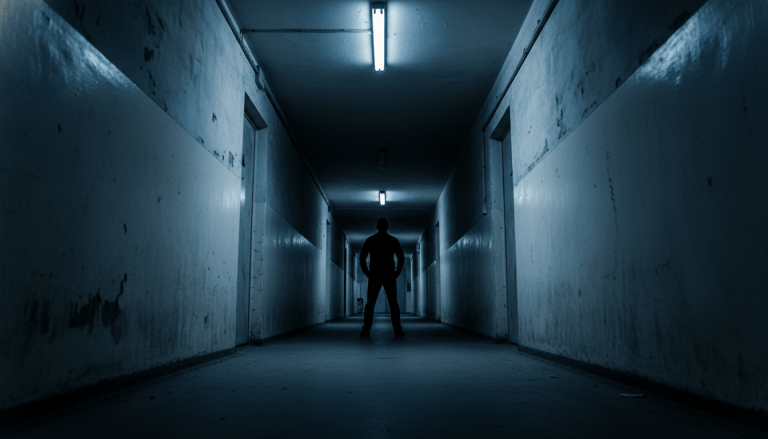 Persona en un pasillo estrecho y oscuro de un edificio, representando la vulnerabilidad y la gestion del espacio confinado.