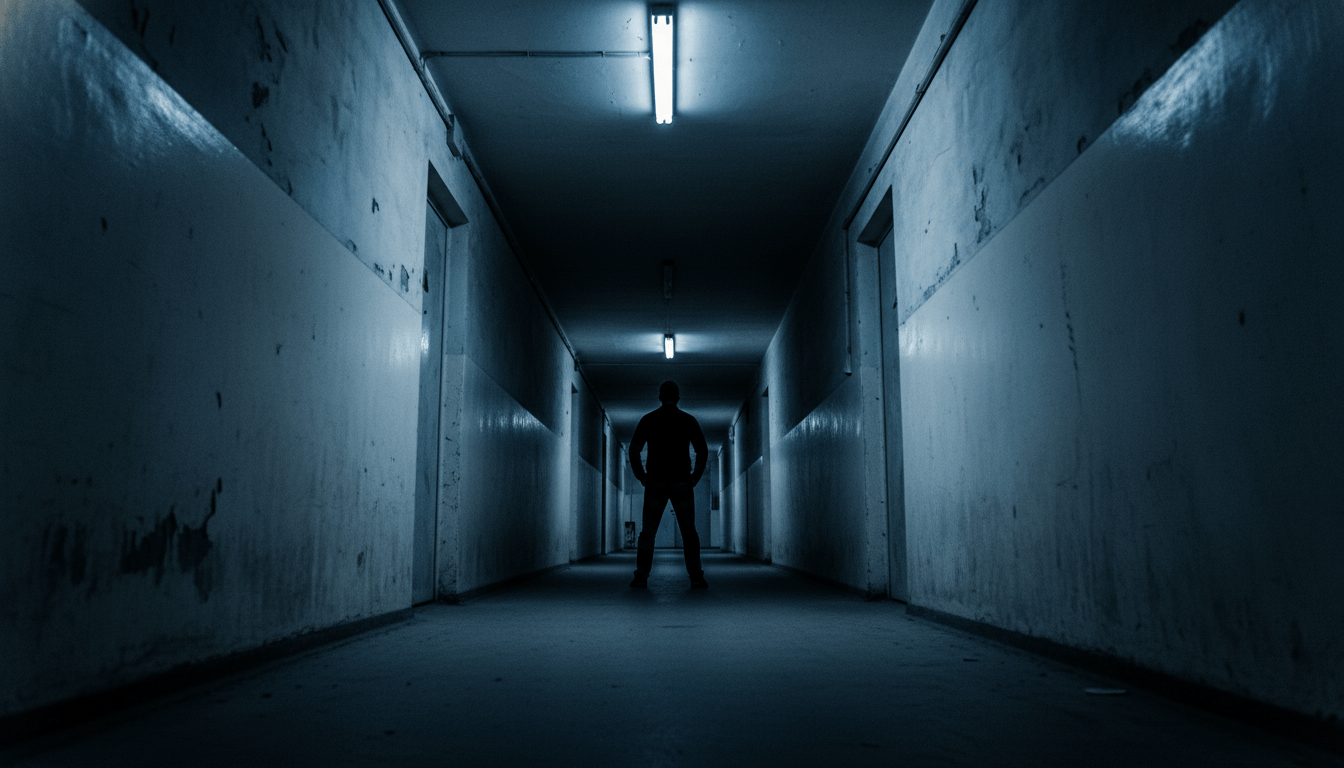 Persona en un pasillo estrecho y oscuro de un edificio, representando la vulnerabilidad y la gestion del espacio confinado.