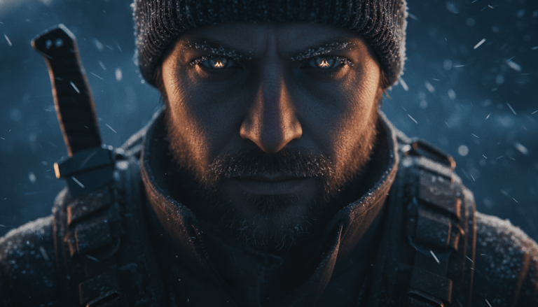 Primer plano de un superviviente manteniendo el control mental en una tormenta de nieve, ilustrando la psicología de la supervivencia.