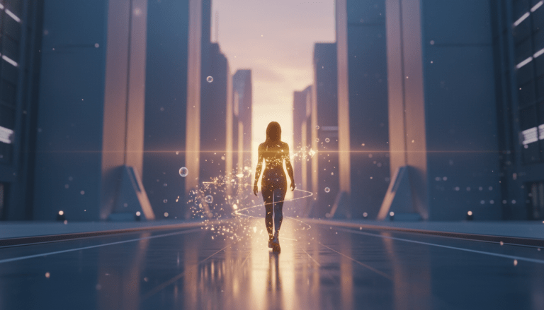 Representación conceptual de cookies de navegación como un rastro de datos digitales y partículas de luz en una ciudad moderna.