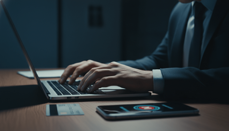 Persona frente a un ordenador en entorno oscuro simbolizando la ciberseguridad y el riesgo de delitos informáticos