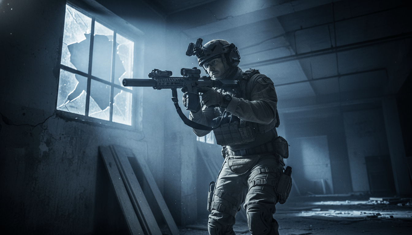 Operador táctico profesional realizando una irrupción en un edificio durante una operación de combate cercano CQB.