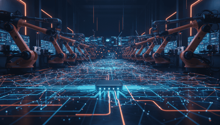 Infraestructura de computación en el borde con dispositivos inteligentes y redes descentralizadas en una fábrica automatizada.