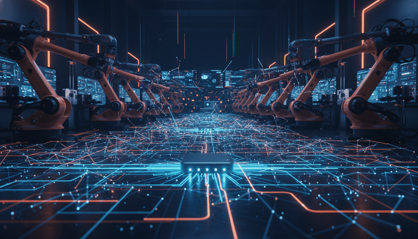 Infraestructura de computación en el borde con dispositivos inteligentes y redes descentralizadas en una fábrica automatizada.