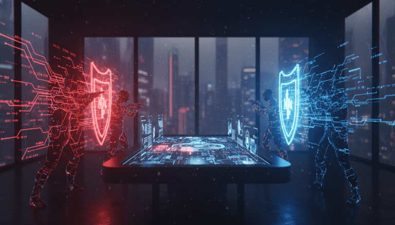 Concepto de ciberseguridad con luces rojas y azules representando estrategias de Red Team y Blue Team