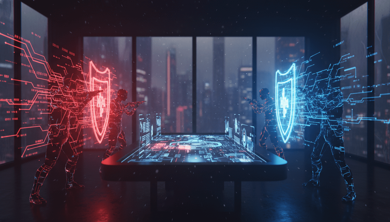 Concepto de ciberseguridad con luces rojas y azules representando estrategias de Red Team y Blue Team