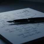 Profesional de seguridad analizando informes técnicos en una oficina minimalista y moderna con iluminación cinematográfica