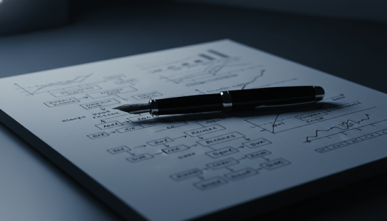 Profesional de seguridad analizando informes técnicos en una oficina minimalista y moderna con iluminación cinematográfica