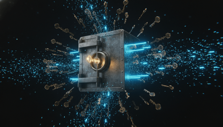 Caja fuerte digital siendo atacada por llaves virtuales en un entorno de ciberseguridad