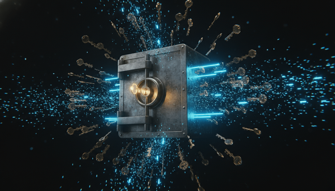 Caja fuerte digital siendo atacada por llaves virtuales en un entorno de ciberseguridad