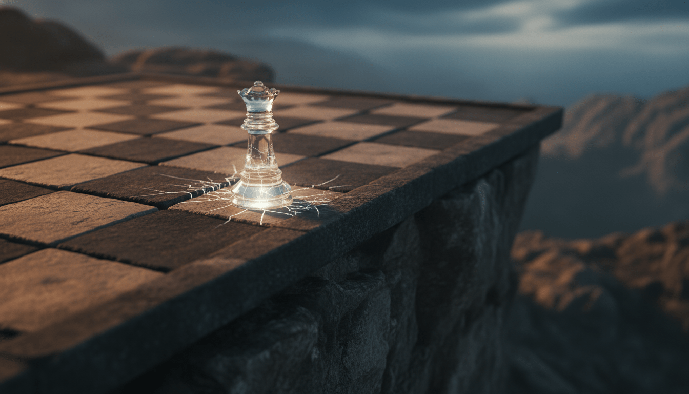 Pieza de ajedrez de cristal resistiendo en un suelo agrietado simbolizando la resiliencia organizacional.