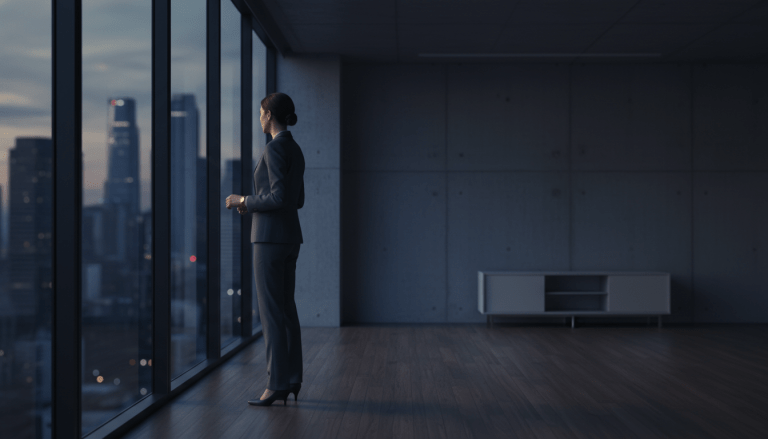 Profesional reflexivo mirando por la ventana en una oficina moderna simbolizando el contrato emocional y la retención de talento