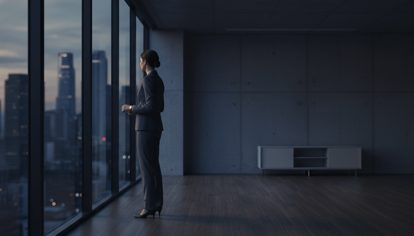 Profesional reflexivo mirando por la ventana en una oficina moderna simbolizando el contrato emocional y la retención de talento