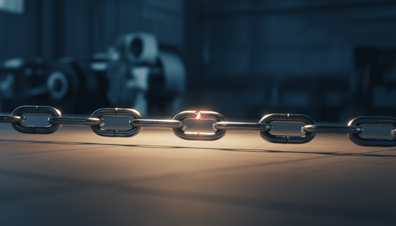 Eslabón de cadena metálica fracturado como metáfora de riesgo en la cadena de suministro industrial