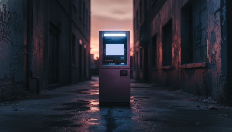 Cajero automático de criptomonedas en un callejón urbano oscuro que simboliza riesgos de seguridad financiera.