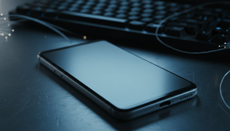 Smartphone iluminado en un entorno oscuro representando la vulnerabilidad de la seguridad digital y la privacidad en la dark web