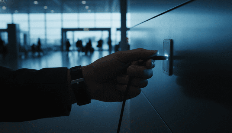 Persona conectando un cable USB a una estación de carga pública en un aeropuerto por riesgo de seguridad informática.