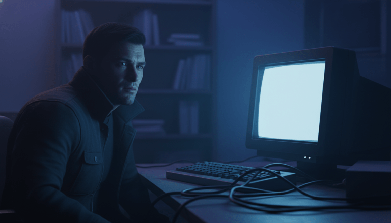 Usuario utilizando un ordenador público en una biblioteca oscura con iluminación cinematográfica