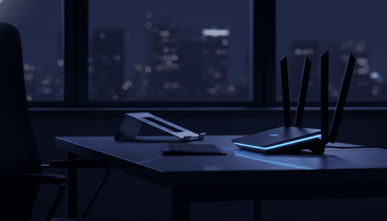 Router inalámbrico en oficina moderna representando vulnerabilidades de ciberseguridad en redes Wi-Fi empresariales.