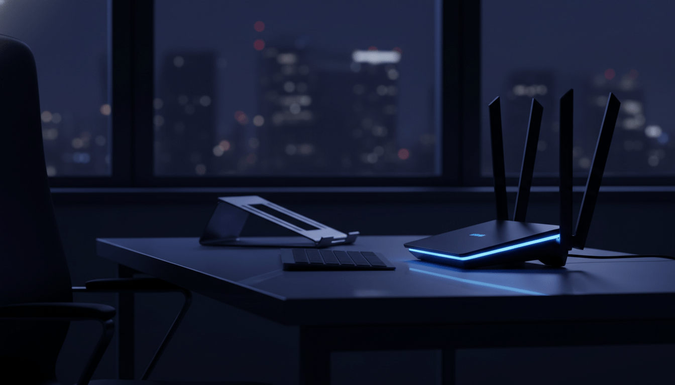 Router inalámbrico en oficina moderna representando vulnerabilidades de ciberseguridad en redes Wi-Fi empresariales.