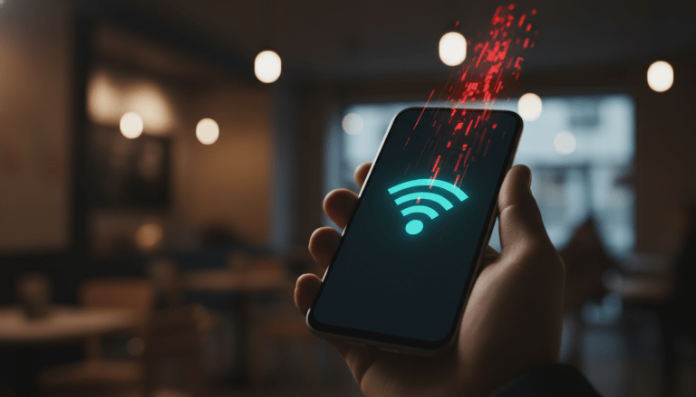 Ilustración conceptual de seguridad cibernética sobre un ataque Man-in-the-Middle en redes wifi públicas