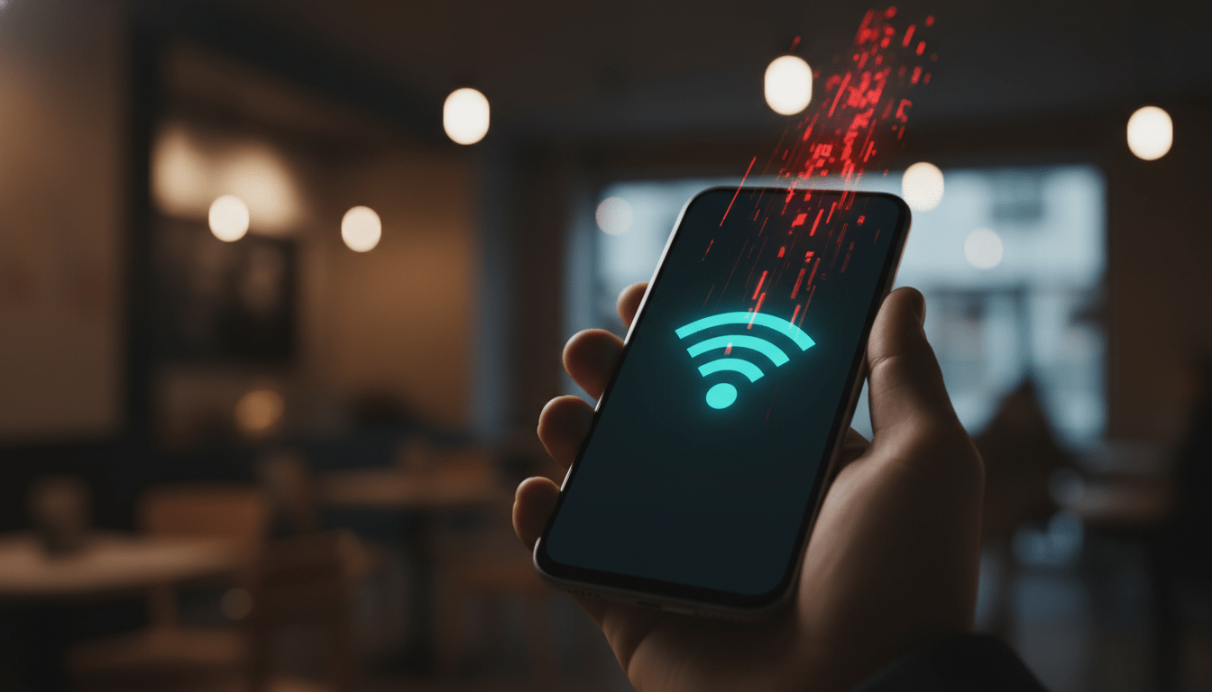 Ilustración conceptual de seguridad cibernética sobre un ataque Man-in-the-Middle en redes wifi públicas