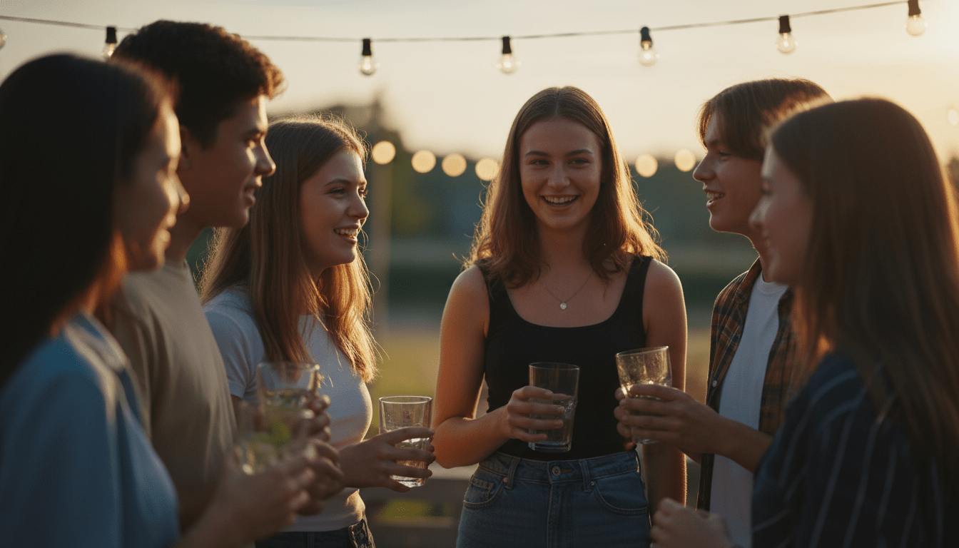 Grupo de adolescentes conversando de forma segura y responsable en una fiesta nocturna con iluminación cálida.