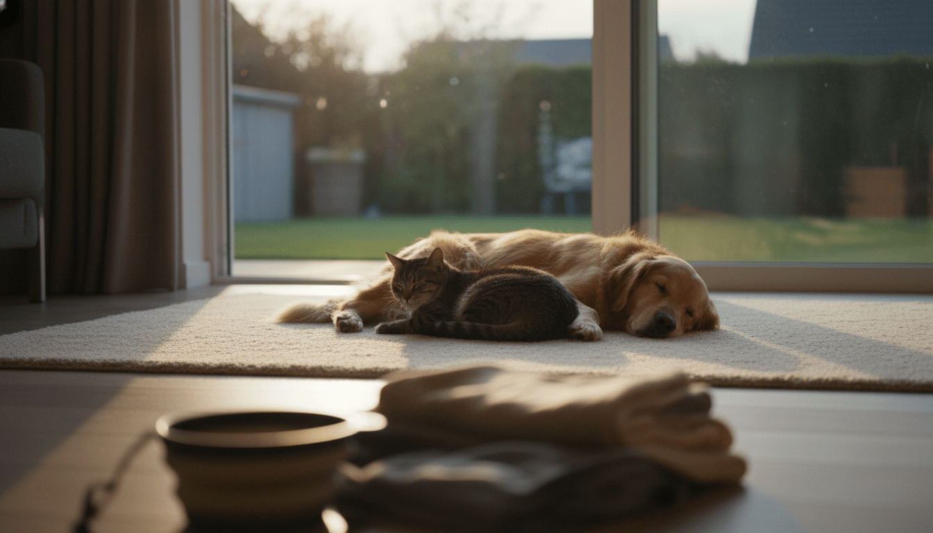 Perro y gato descansando en un hogar seguro con un kit de emergencia preparado para mascotas.