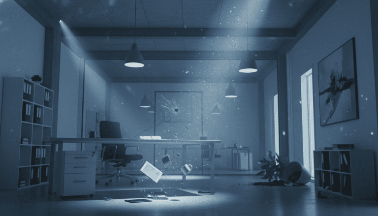 Interior de oficina moderna durante un sismo con mobiliario moviéndose y luz dramática