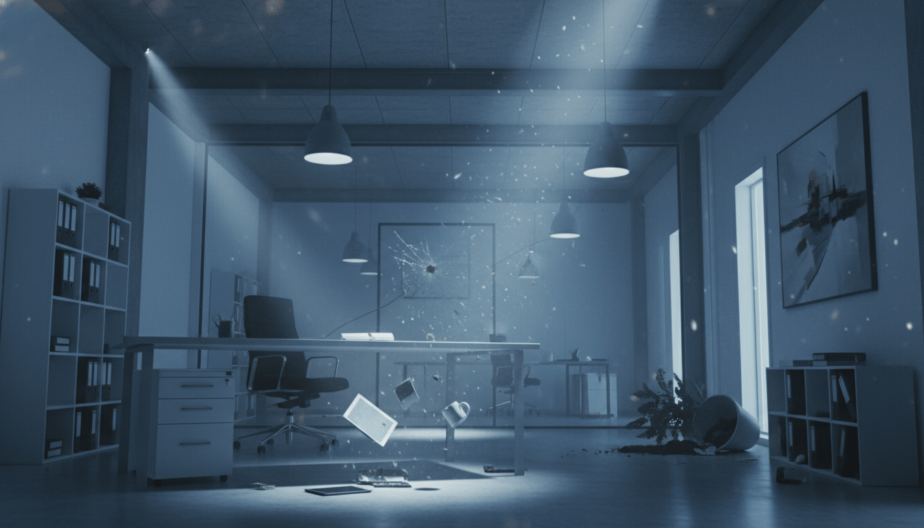 Interior de oficina moderna durante un sismo con mobiliario moviéndose y luz dramática