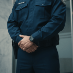 Guardia de seguridad privada profesional en entorno corporativo moderno representando responsabilidad y protocolos de seguridad armada