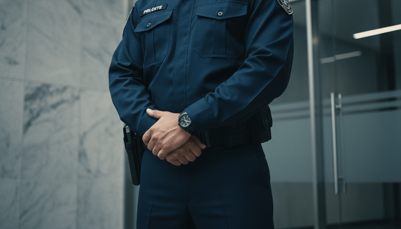 Guardia de seguridad privada profesional en entorno corporativo moderno representando responsabilidad y protocolos de seguridad armada