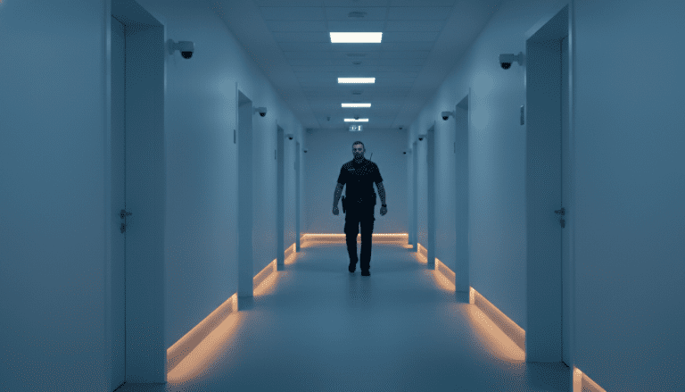 Pasillo de hospital moderno con medidas de seguridad discretas y un guardia patrullando.