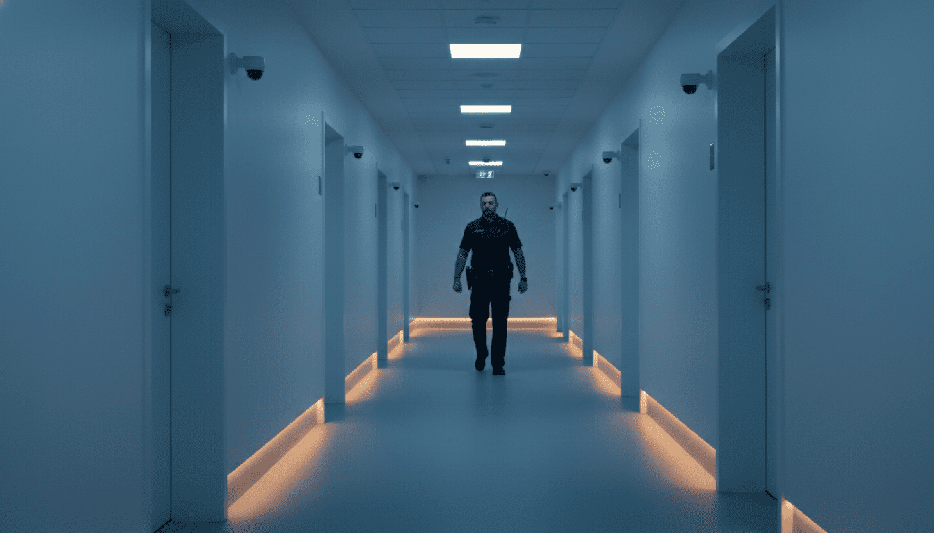 Pasillo de hospital moderno con medidas de seguridad discretas y un guardia patrullando.