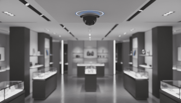 Sistema de cámaras de seguridad modernas y vigilancia en el techo de un comercio minorista para prevención de pérdidas