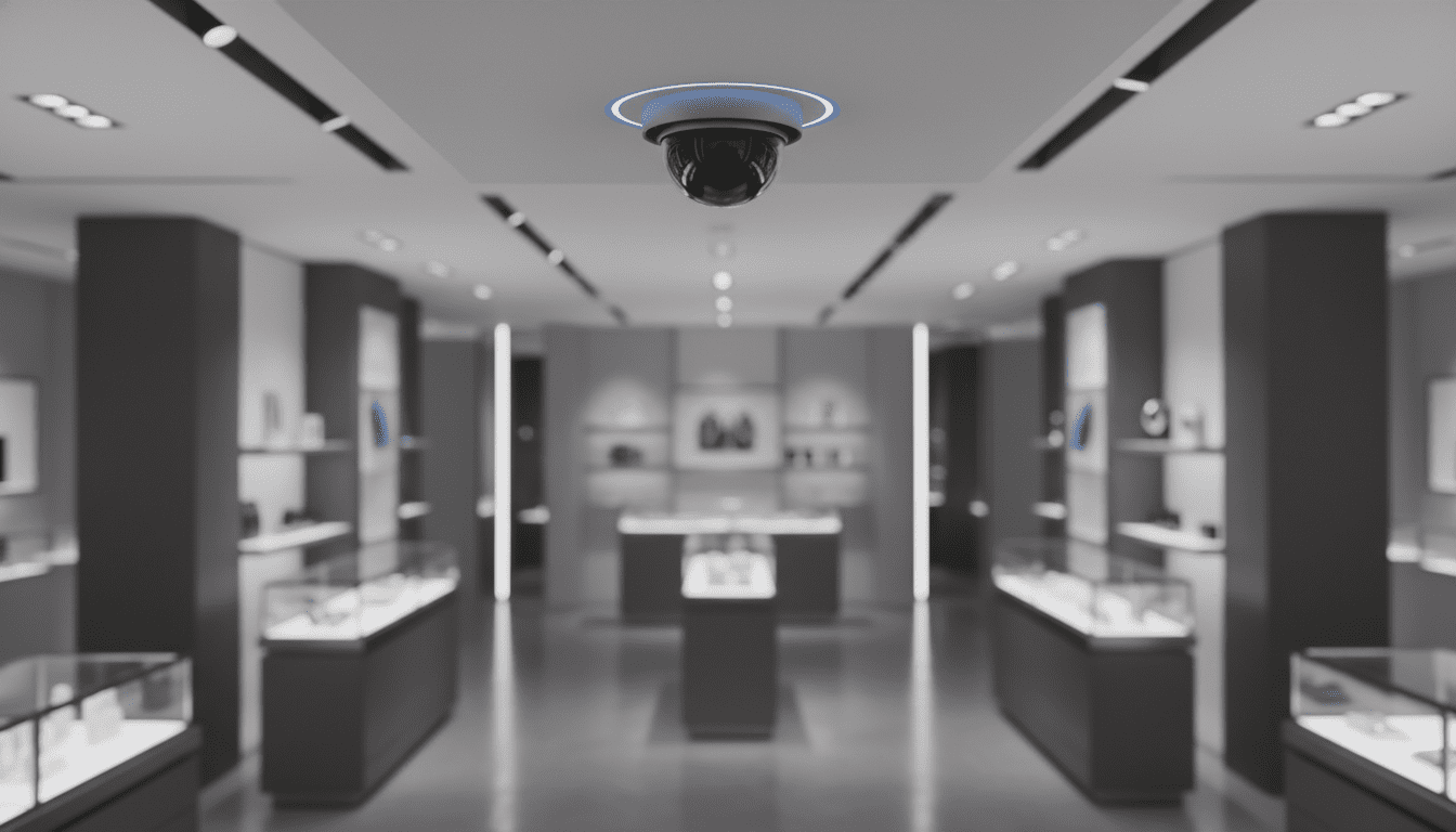 Sistema de cámaras de seguridad modernas y vigilancia en el techo de un comercio minorista para prevención de pérdidas