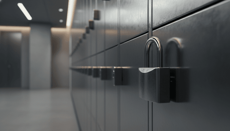 Casilleros metálicos de seguridad con candado reforzado en un gimnasio o terminal de transporte.