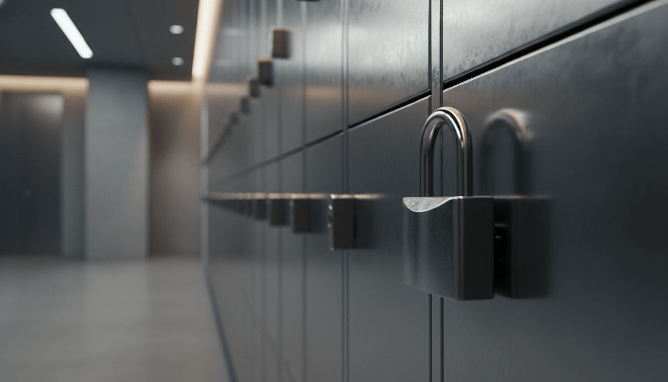 Casilleros metálicos de seguridad con candado reforzado en un gimnasio o terminal de transporte.