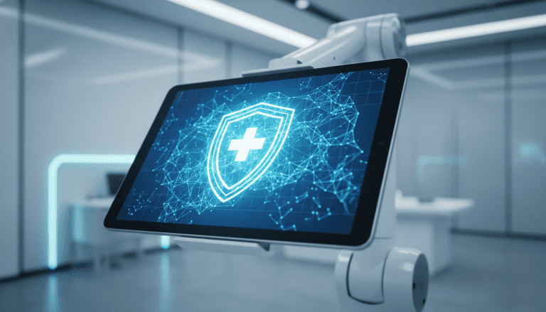 Concepto de ciberseguridad en telemedicina protegiendo datos de pacientes con tecnologia de encriptacion digital.