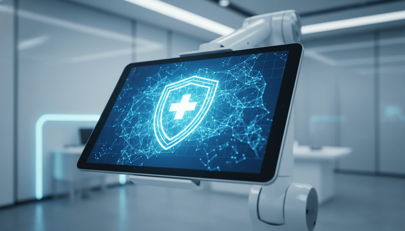 Concepto de ciberseguridad en telemedicina protegiendo datos de pacientes con tecnologia de encriptacion digital.