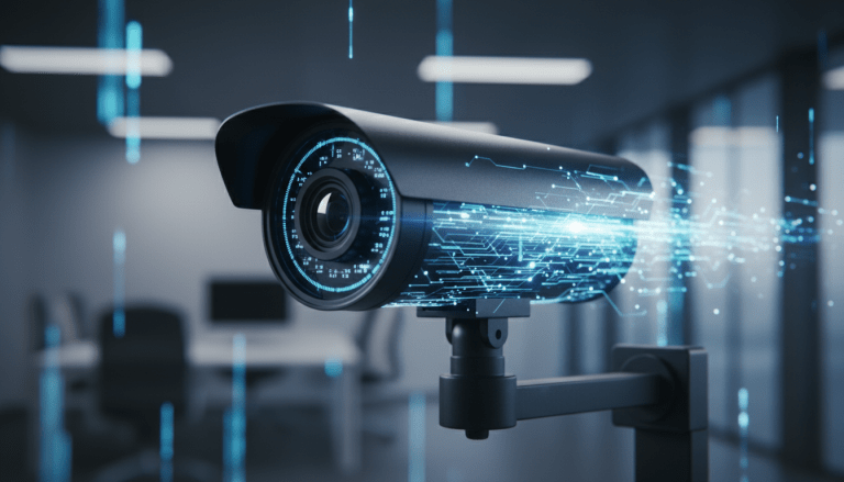 Cámara de vigilancia integrada con una red de datos digital representando la seguridad convergente en una empresa.