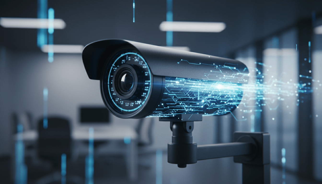 Cámara de vigilancia integrada con una red de datos digital representando la seguridad convergente en una empresa.