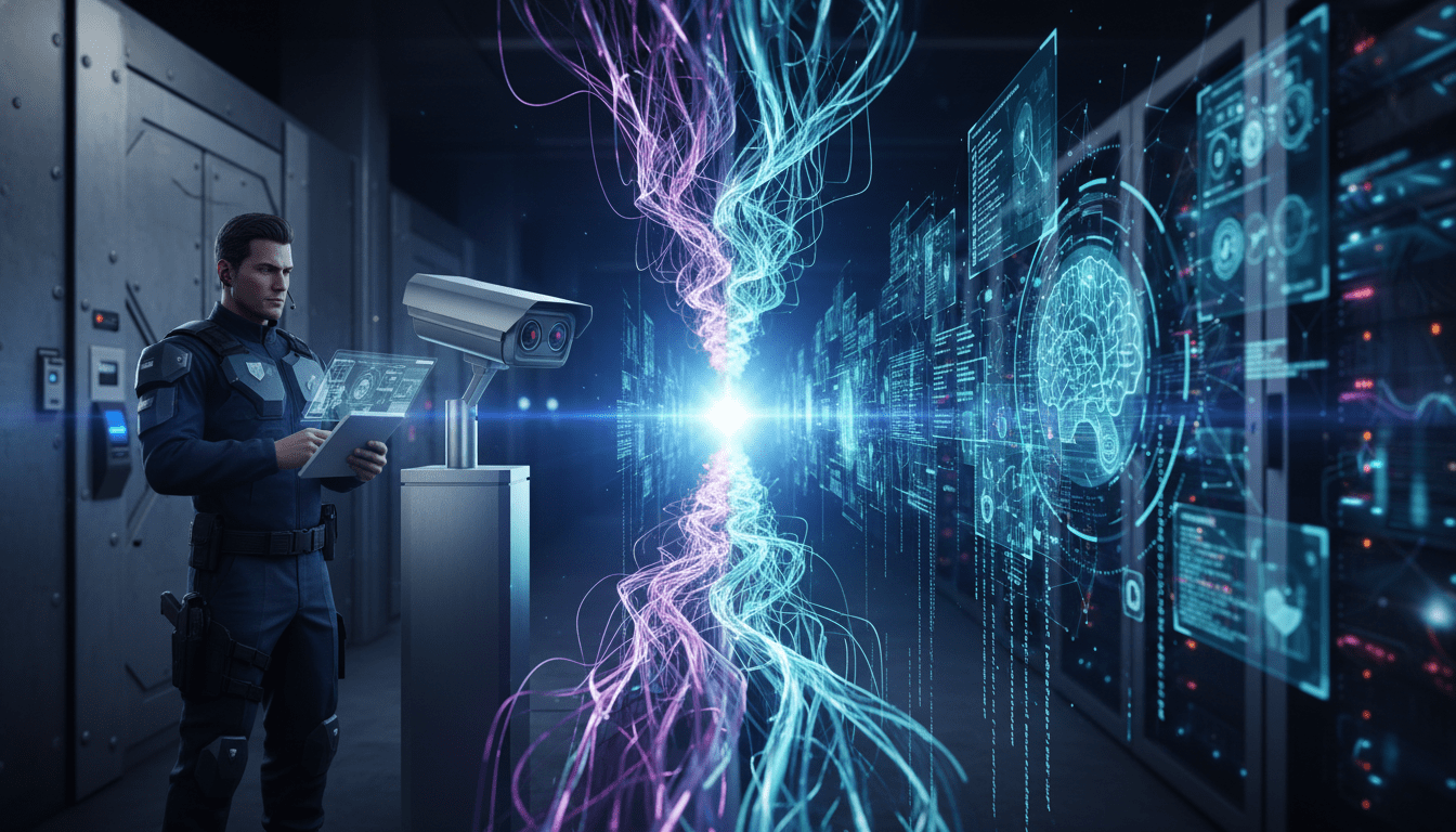 Concepto de seguridad convergente unificando proteccion fisica y ciberseguridad digital en un entorno corporativo moderno.