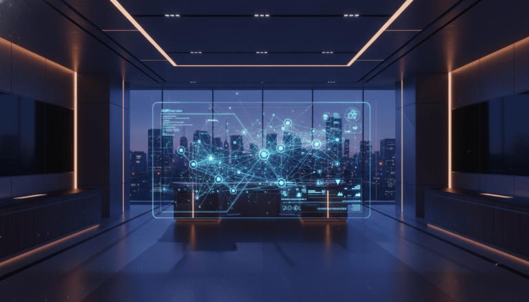 Centro de control de seguridad corporativa con proyecciones holográficas y visualización de gestión de riesgos empresariales.