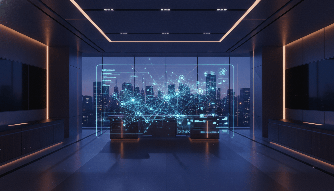 Centro de control de seguridad corporativa con proyecciones holográficas y visualización de gestión de riesgos empresariales.