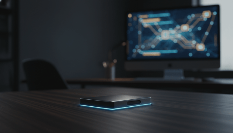 Dispositivo de almacenamiento hardware wallet para criptomonedas sobre escritorio ejecutivo