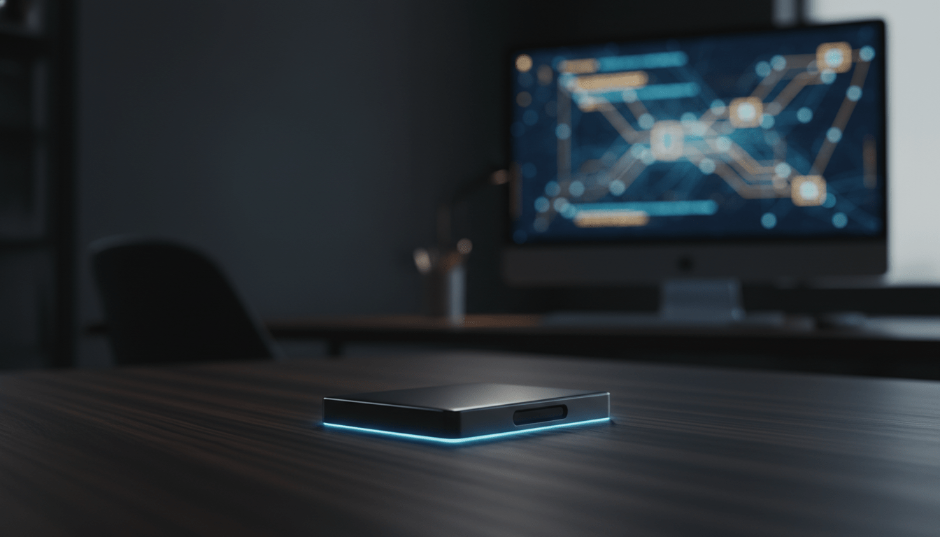 Dispositivo de almacenamiento hardware wallet para criptomonedas sobre escritorio ejecutivo