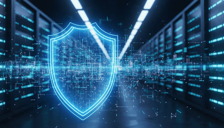 Representacion conceptual de la seguridad de API protegiendo una red de datos digital con un escudo energetico