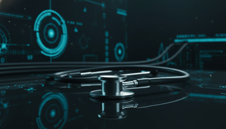 Estetoscopio médico sobre una mesa con proyecciones digitales de datos biométricos y seguridad informática.